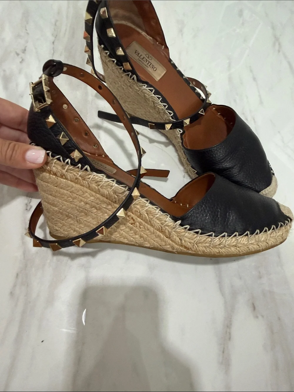 Valentino Garavani Black Leather Studded Espadrille Wedge Sandals - Picture 2 of 8